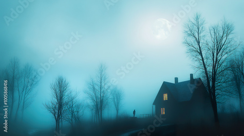 Spooky, foggy night scene with silhouette of person near house illuminated by full moon. 