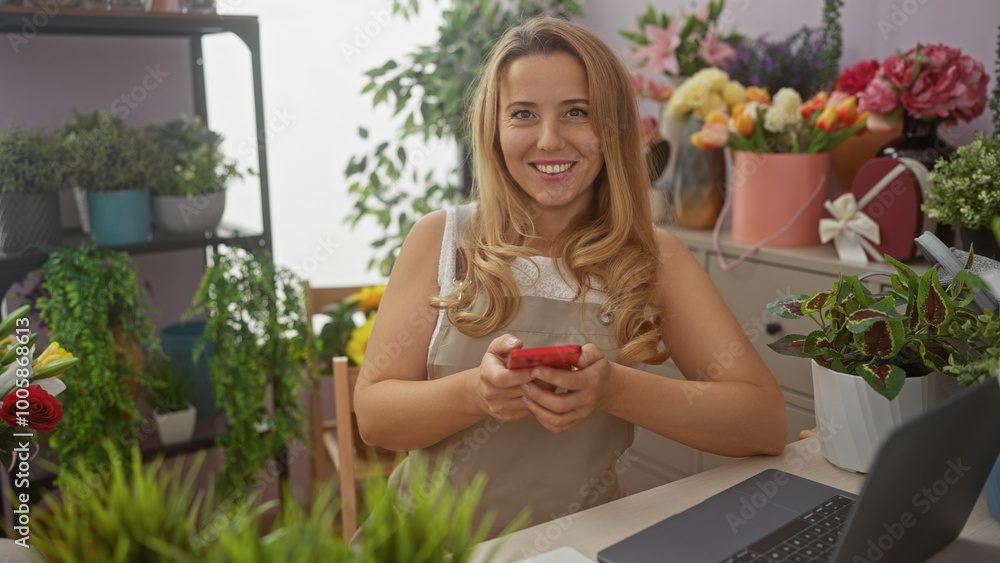 Smiling woman using smartphone at laptop in vibrant flower shop Smiling woman using smartphone at laptop in vibrant flower shop