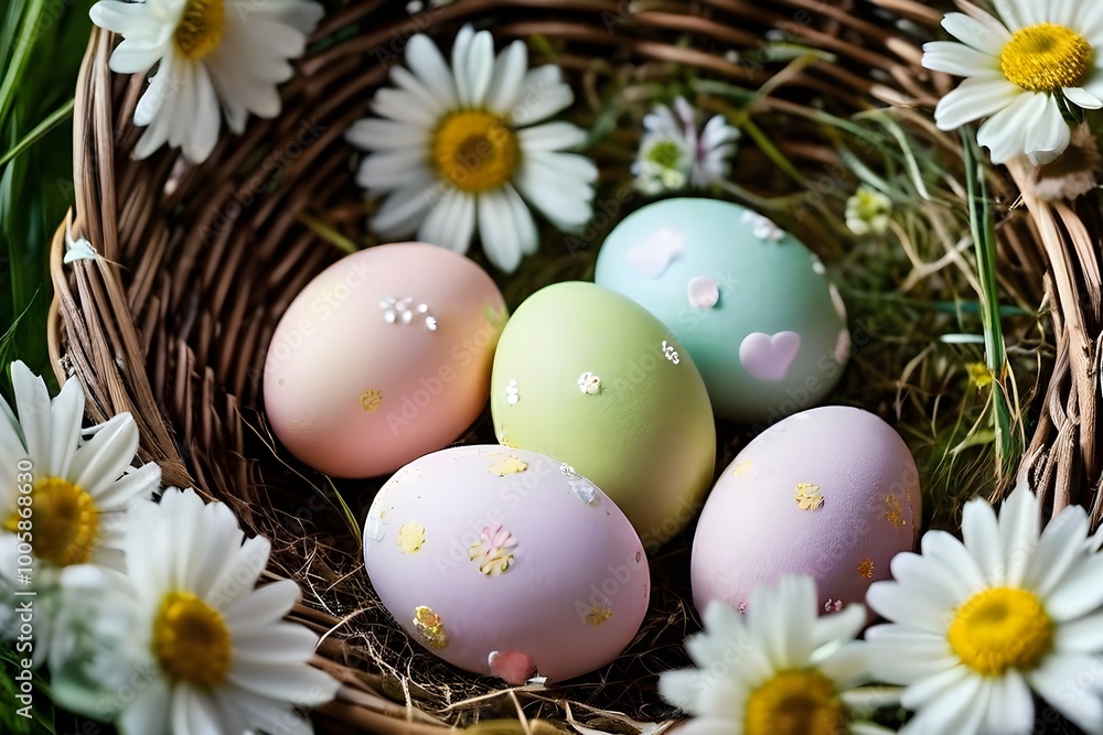 pastel-colored Easter eggs in a wicker basket, surrounded by delicate spring flower pastel-colored Easter eggs in a wicker basket, surrounded by delicate spring flower