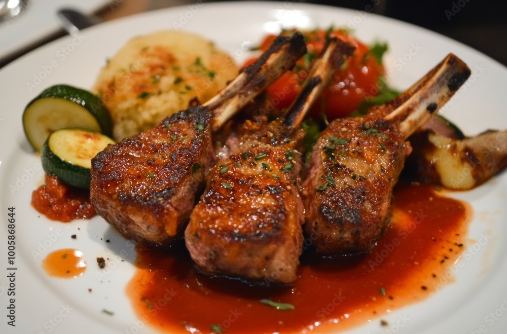 Grilled Lamb Chops with Red Sauce and Side Dish Grilled Lamb Chops with Red Sauce and Side Dish