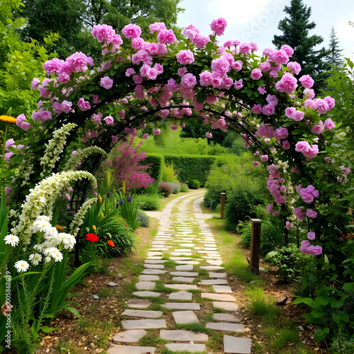 Footpath under a beautiful arch of flowers and plants