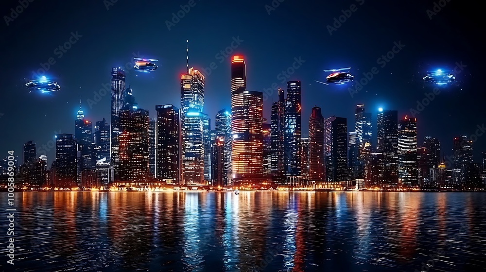 Obraz premium Futuristic Cityscape with Flying Cars at Night