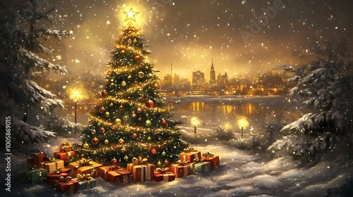 A Magical Winter Scene with a Beautifully Decorated Christmas Tree and Colorful Presents Under the Snow