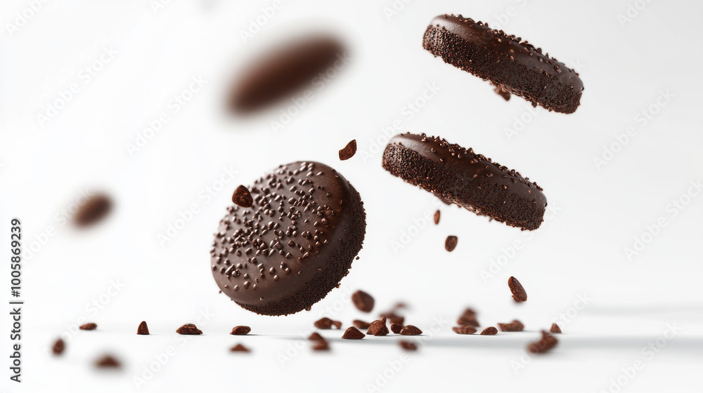 A realistic 3D icon showing chocolate cookies falling against a white background. A realistic 3D icon showing chocolate cookies falling against a white background.