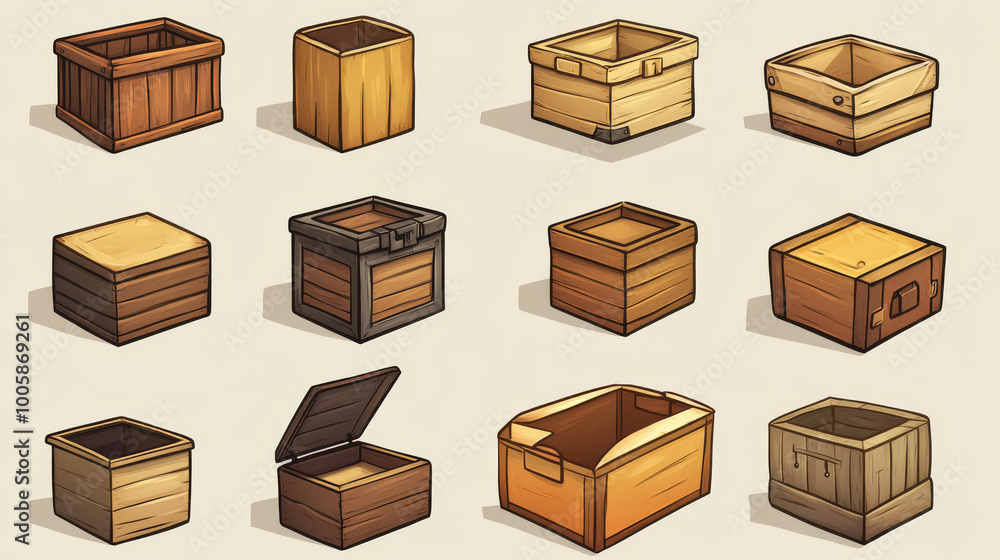 A set of cartoon boxes, both open and closed, designed to look realistic. They are isolated and ready to be used as icons. A set of cartoon boxes, both open and closed, designed to look realistic. They are isolated and ready to be used as icons.