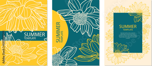 Floral cover, frame design set with floral line pattern. Luxury premium vector background pattern for tropical menu, elite summer sale, luxe invite template