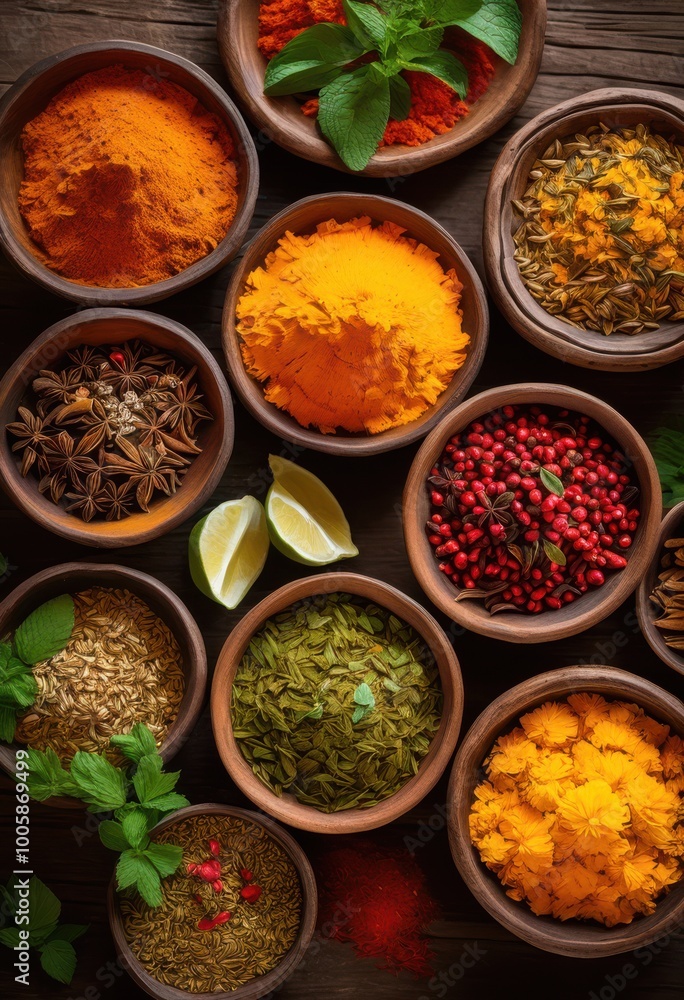 Fototapeta premium colorful display vibrant indian spices creatively arranged stunning visual appeal culinary inspiration, curry, saffron, turmeric, cumin, coriander