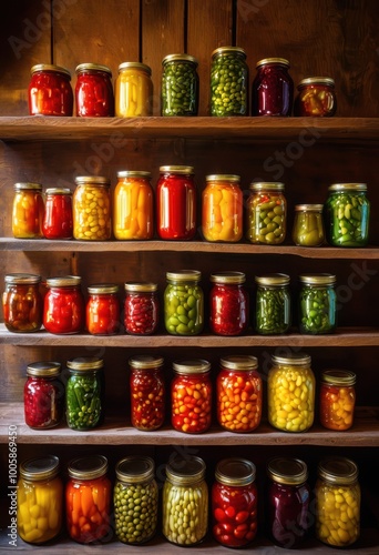 vibrant collection homemade canned vegetables colorful glass jars displayed rustic wooden shelf, rainbow, lgbtq, lgbt, pride, love, equality, artisanal, brilliant