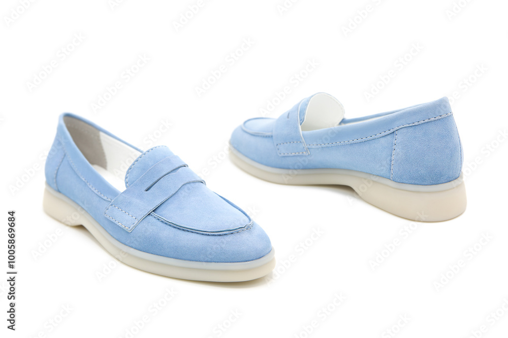 Pair of fashionable stylish suede leather loafer shoes isolated on white background. View from all sides. Pair of fashionable stylish suede leather loafer shoes isolated on white background. View from all sides.