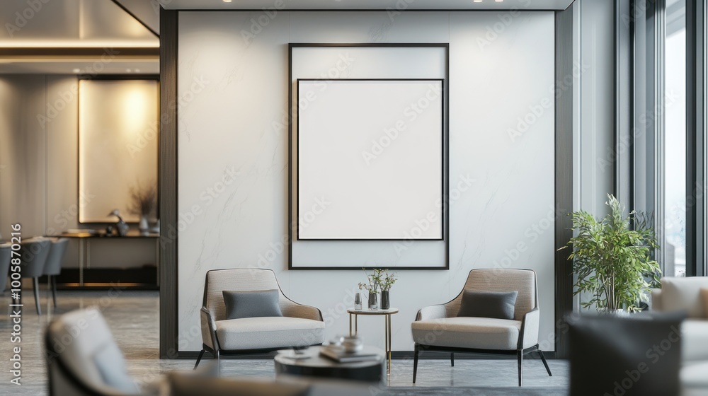 Fototapeta premium A modern lounge area featuring two chairs, a blank framed artwork, and a plant.