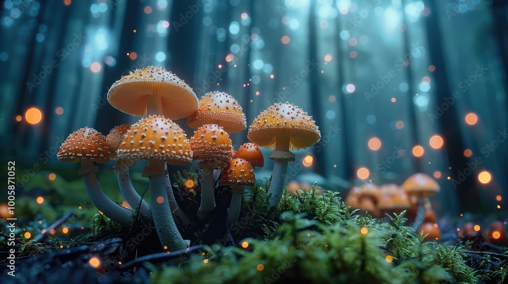 Φωτογραφία A fantasy of a dark forest floor, focusing on a group of wild, colorful, beautiful mushrooms unlike anything in existence