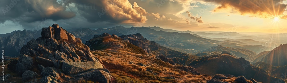 Obraz premium mountain landscape with a vibrant sunset and cloud