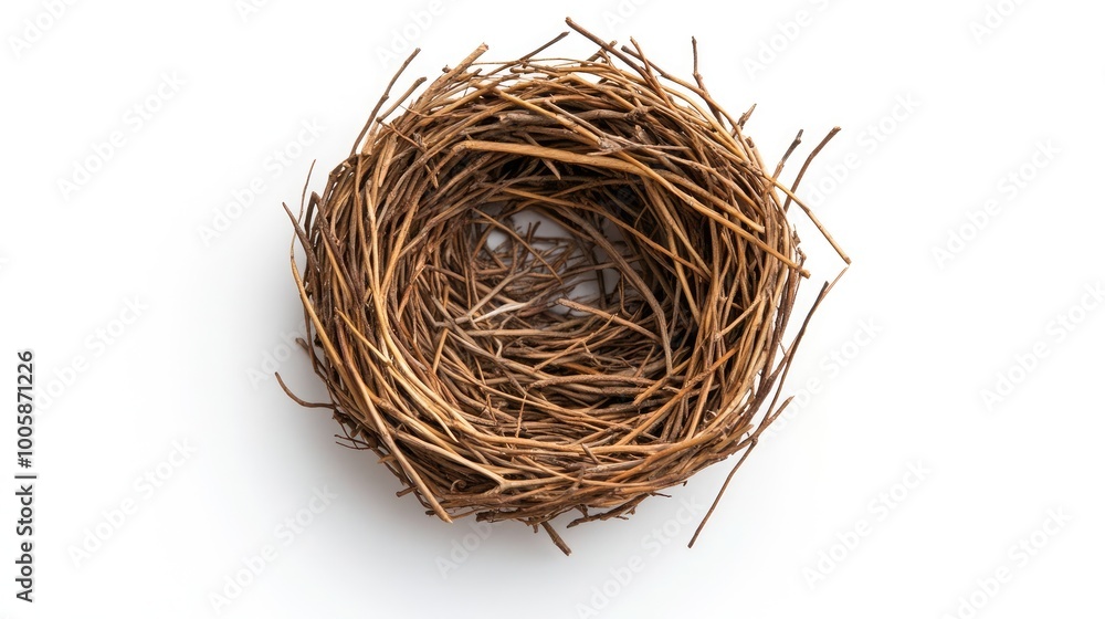 Obraz premium A natural bird nest made of twigs and grass, showcasing intricate design and texture, perfect for nature-themed projects.