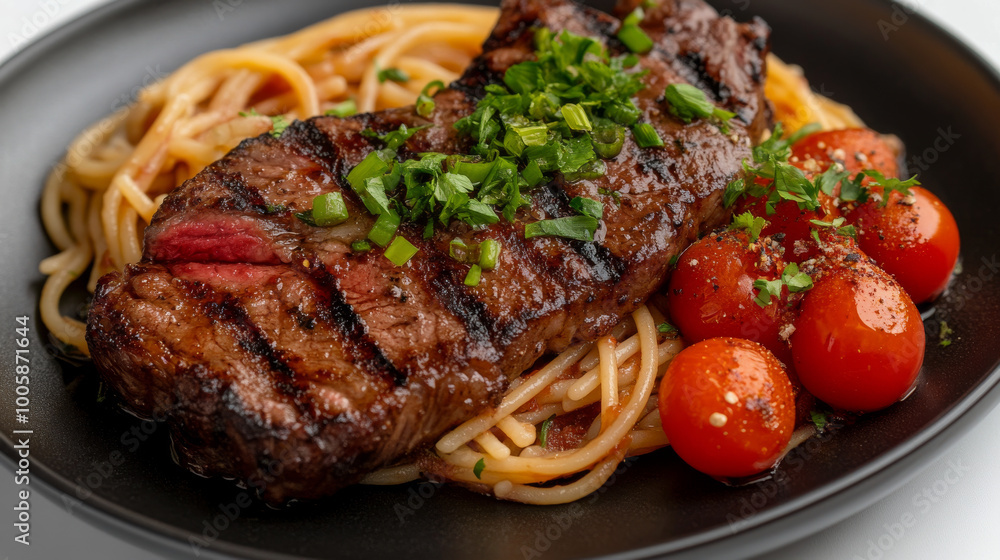 A close-up picture shows a delicious sirloin steak, cooked to perfection. It's served with pasta, tomatoes, and green onions, all on a dark plate against a white background. A close-up picture shows a delicious sirloin steak, cooked to perfection. It's served with pasta, tomatoes, and green onions, all on a dark plate against a white background.