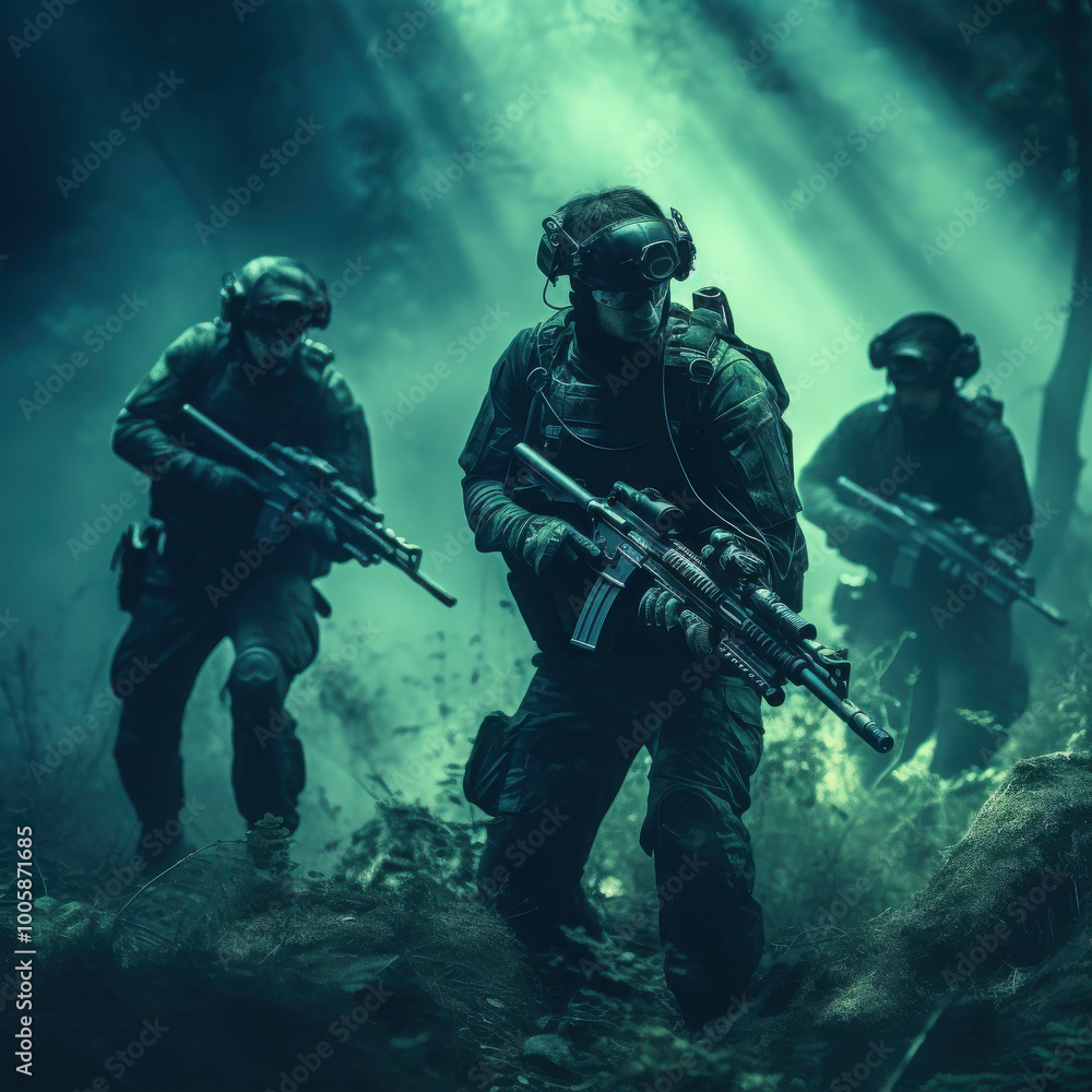 Group of Soldiers in Tactical Gear in Action Group of Soldiers in Tactical Gear in Action