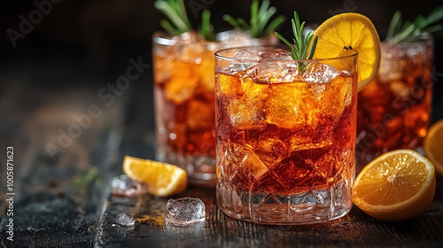 Two Alcoholic Cocktail Gin and Tonic, Negroni. On a black wooden background