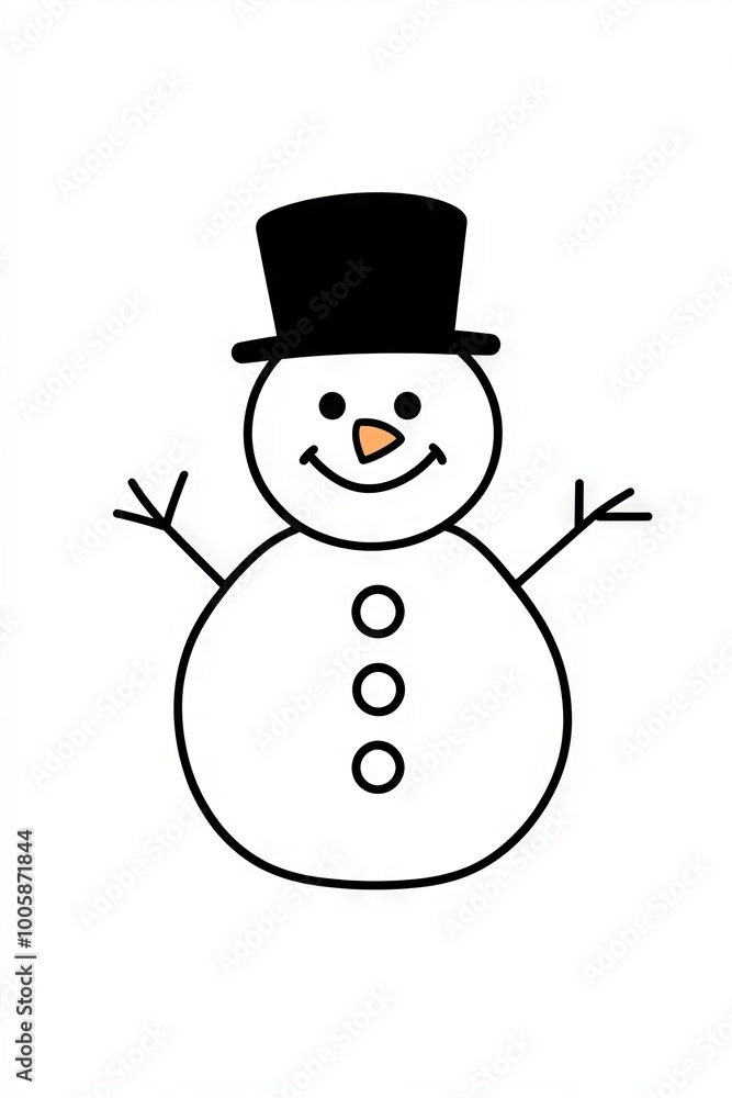 A minimalist and joyful snowman illustration featuring a top hat, carrot nose, and stick arms, perfect for holiday and winter-themed designs. A minimalist and joyful snowman illustration featuring a top hat, carrot nose, and stick arms, perfect for holiday and winter-themed designs.