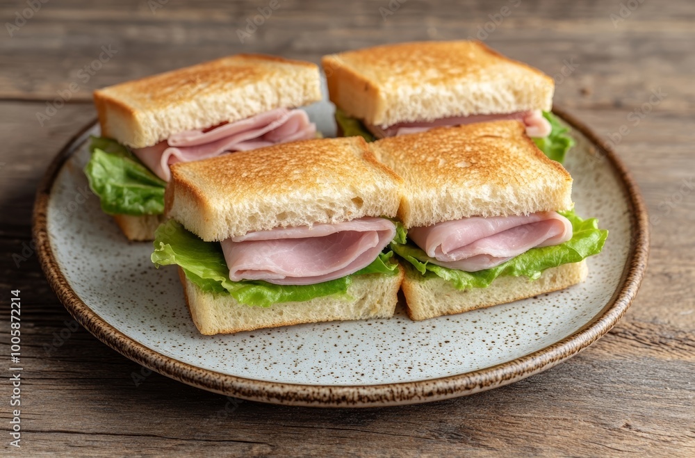 Ham and Lettuce Sandwiches on a Plate Ham and Lettuce Sandwiches on a Plate