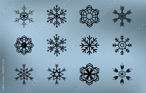 Christmas Snow Vector Icons Collection. Snowflakes Vector Icons Isolated On Blue Frosty Gradient Background. Winter Icon Silhuette Elements. Snow And Snowflake Symbols. New Year Christmas Ornament.
