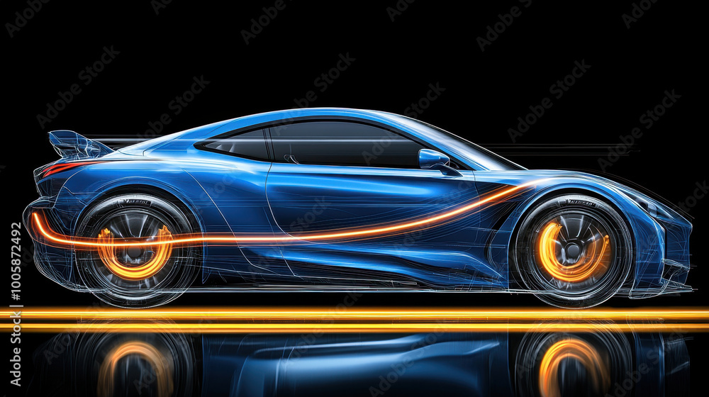sleek blue sports car with futuristic design, showcasing its aerodynamic shape and glowing lines that highlight its performance features. image captures essence of speed and innovation sleek blue sports car with futuristic design, showcasing its aerodynamic shape and glowing lines that highlight its performance features. image captures essence of speed and innovation