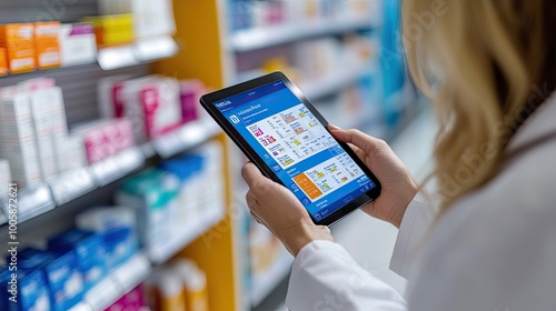 A pharmacist using a tablet to check medication information in a pharmacy setting, showcasing modern healthcare technology.
