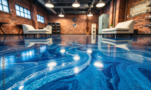 a glossy epoxy floor in a modern industrial space showcasing a stunning blend of deep blue and shimmering silver tones