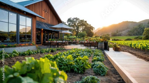 A picturesque barn surrounded by lush gardens and rolling hills at sunset, offering a serene and tranquil outdoor dining experience.