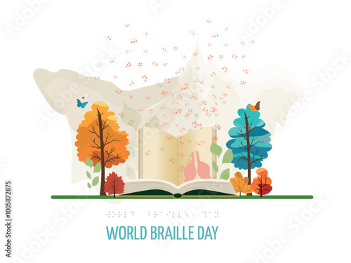 World Braille Day illustration with an open book, autumn leaves, and Braille dots, highlighting inclusion and accessibility in education.