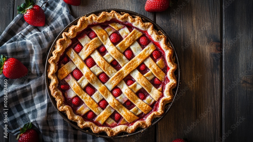 delectable strawberry pie in the tabletop baking dish. vertical perspective above, in a rustic manner delectable strawberry pie in the tabletop baking dish. vertical perspective above, in a rustic manner