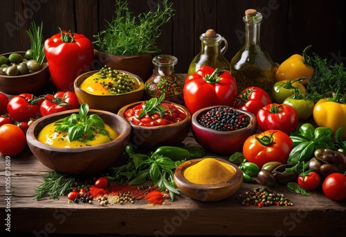 colorful ingredients artfully composed exceptional culinary creations showcasing vibrancy freshness, tomatoes, onions, peppers, carrots, herbs, garlic