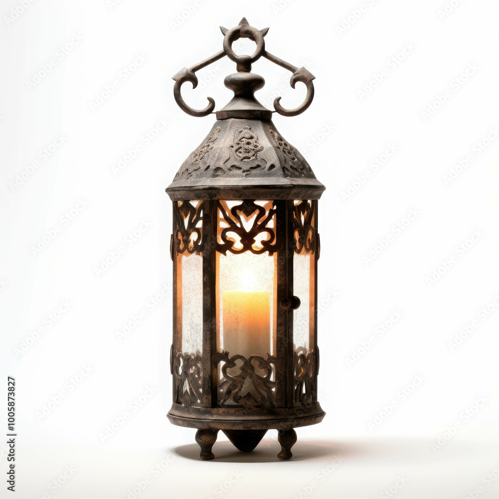 Intricate Rustic Iron Lantern with Candle Detail Intricate Rustic Iron Lantern with Candle Detail