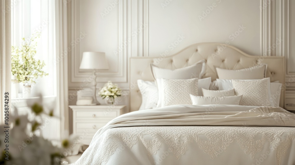 A serene bedroom with a neutral color palette and elegant decor for relaxation. A serene bedroom with a neutral color palette and elegant decor for relaxation.