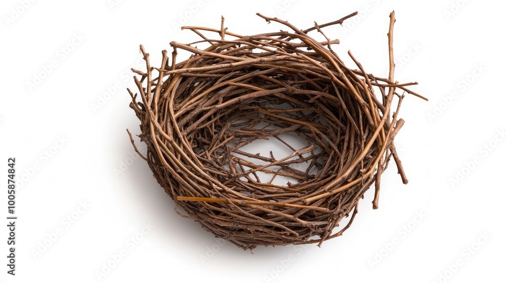 Obraz premium A rustic bird nest made of twigs and branches, perfect for nature-themed designs and illustrations.