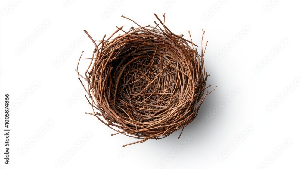 Obraz premium A rustic brown bird nest made of twigs, showcasing intricate weaving and a cozy center, perfect for nature-themed designs.