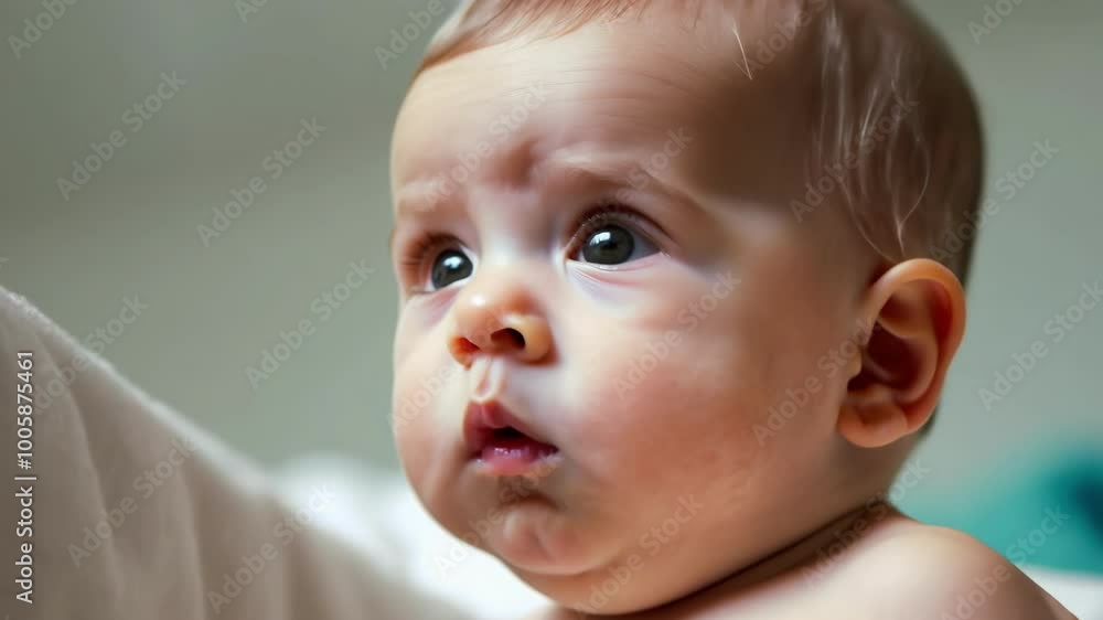 Curious baby with big brown eyes looking upward Curious baby with big brown eyes looking upward
