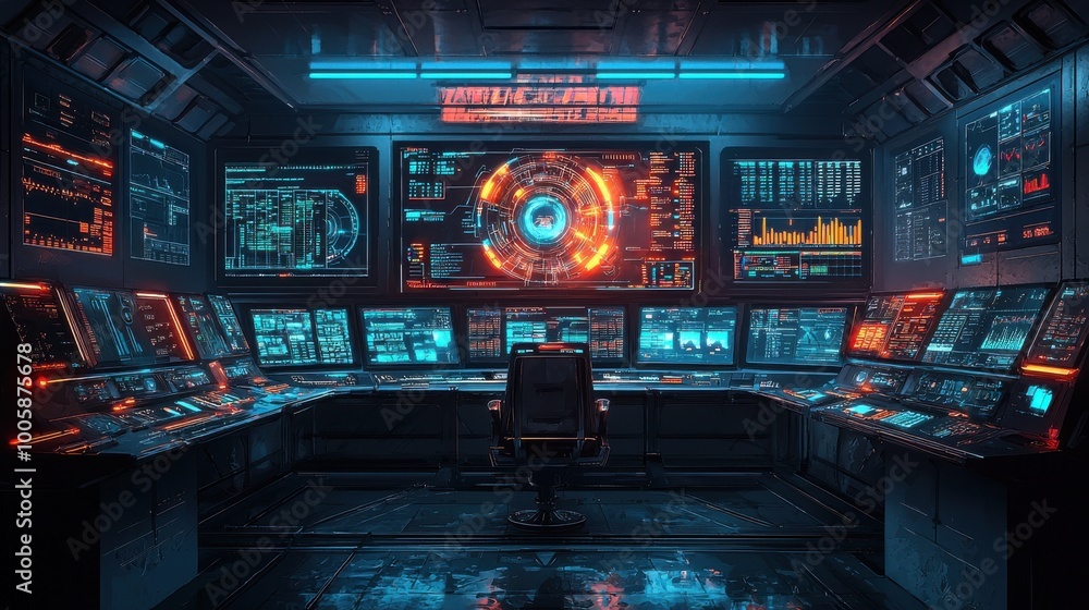 Advanced industry control room, digital interface, futuristic monitors, flat design illustration Advanced industry control room, digital interface, futuristic monitors, flat design illustration