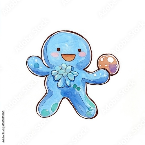 Happy Blue Cartoon Character Holding a Ball