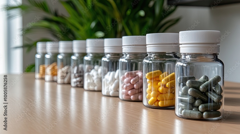 Variety of Supplements in Clear Bottles on Wooden Table Variety of Supplements in Clear Bottles on Wooden Table