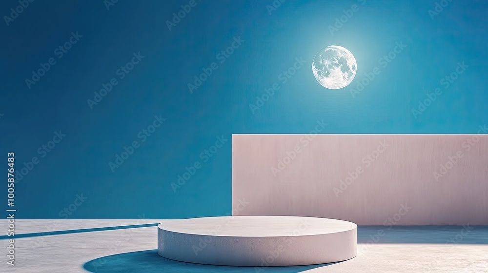 A serene minimalist scene featuring a podium under a bright moon against a tranquil blue sky, perfect for product displays. A serene minimalist scene featuring a podium under a bright moon against a tranquil blue sky, perfect for product displays.