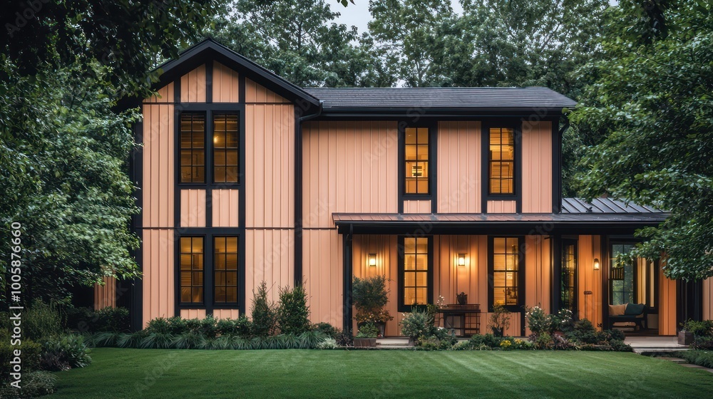 Farmhouse-style exterior with vertical peach paneling, coal black trim details, set against a seafoam green lawn and encased by emerald trees for soft lighting Farmhouse-style exterior with vertical peach paneling, coal black trim details, set against a seafoam green lawn and encased by emerald trees for soft lighting