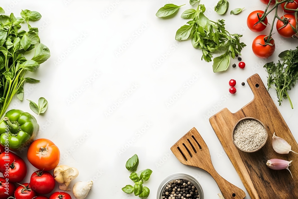Top view of marble kitchen countertop with food and utensils, space for text Top view of marble kitchen countertop with food and utensils, space for text