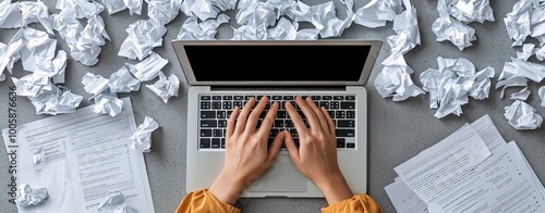 Person typing on laptop surrounded by crumpled papers, reflecting frustration or writer's block. Top-down view on a messy workplace.