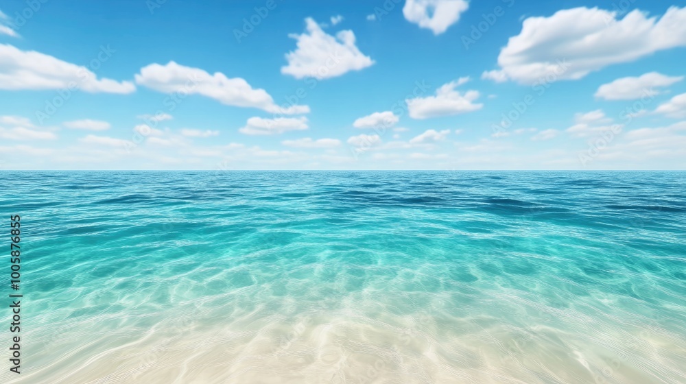 A serene ocean view with clear turquoise water and fluffy clouds under a bright blue sky, perfect for relaxation and tranquility. A serene ocean view with clear turquoise water and fluffy clouds under a bright blue sky, perfect for relaxation and tranquility.