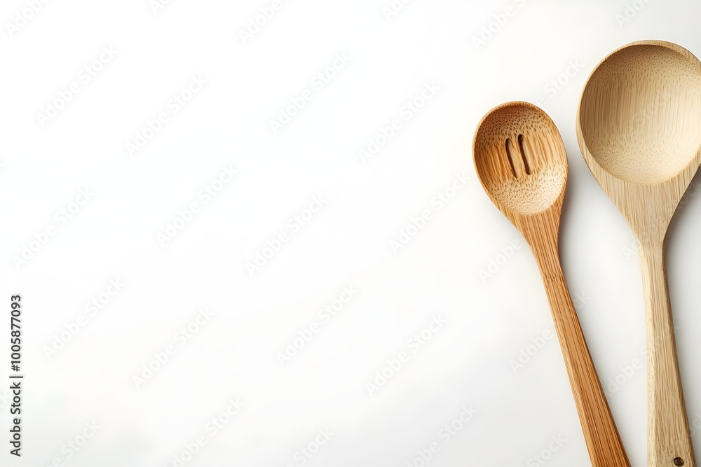 Top view of wooden spoons on white surface with space for text Top view of wooden spoons on white surface with space for text