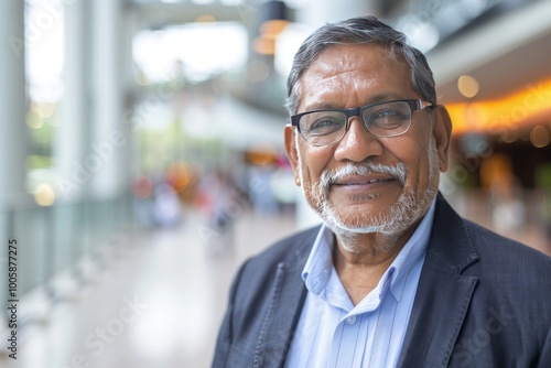 Portrait of successful senior Indian businessman consultant looking at camera and smiling inside modern office building , background blur