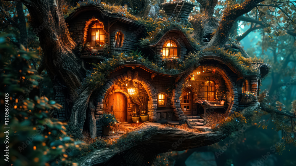 Obraz premium Fantasy house in forest, fairytale home in tree trunk at night