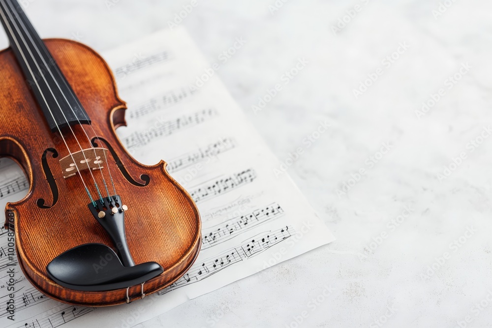 Fototapeta premium A violin lying on sheet music, representing classical music and string instruments.