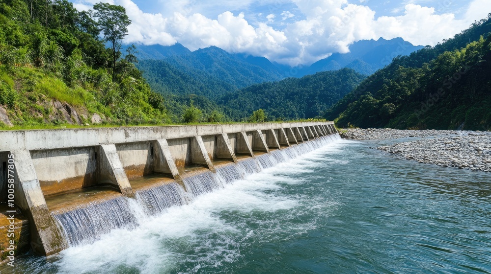 A serene view of a dam releasing water, surrounded by lush mountains and clear skies, showcasing nature's beauty and engineering. A serene view of a dam releasing water, surrounded by lush mountains and clear skies, showcasing nature's beauty and engineering.