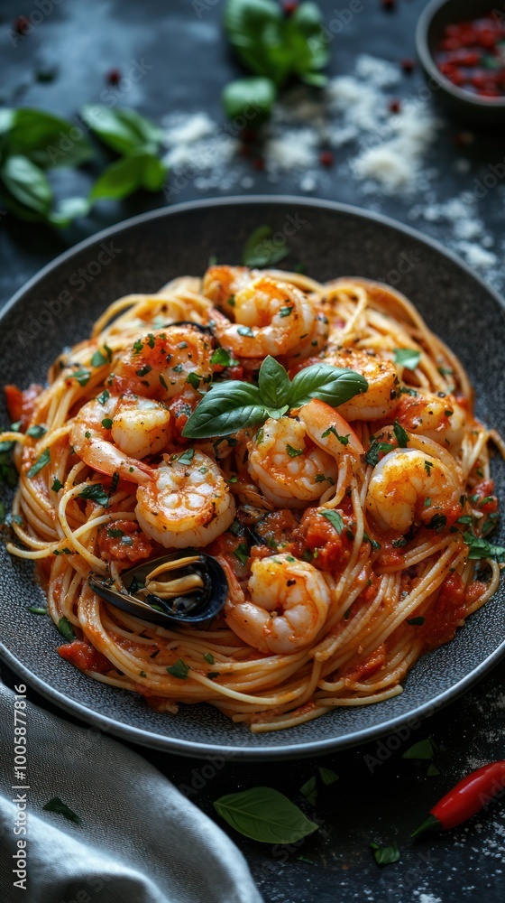 Seafood Linguine with Shrimp, Mussels, and Clams in a Rich Tomato Sauce, Garnished with Fresh Basil Seafood Linguine with Shrimp, Mussels, and Clams in a Rich Tomato Sauce, Garnished with Fresh Basil