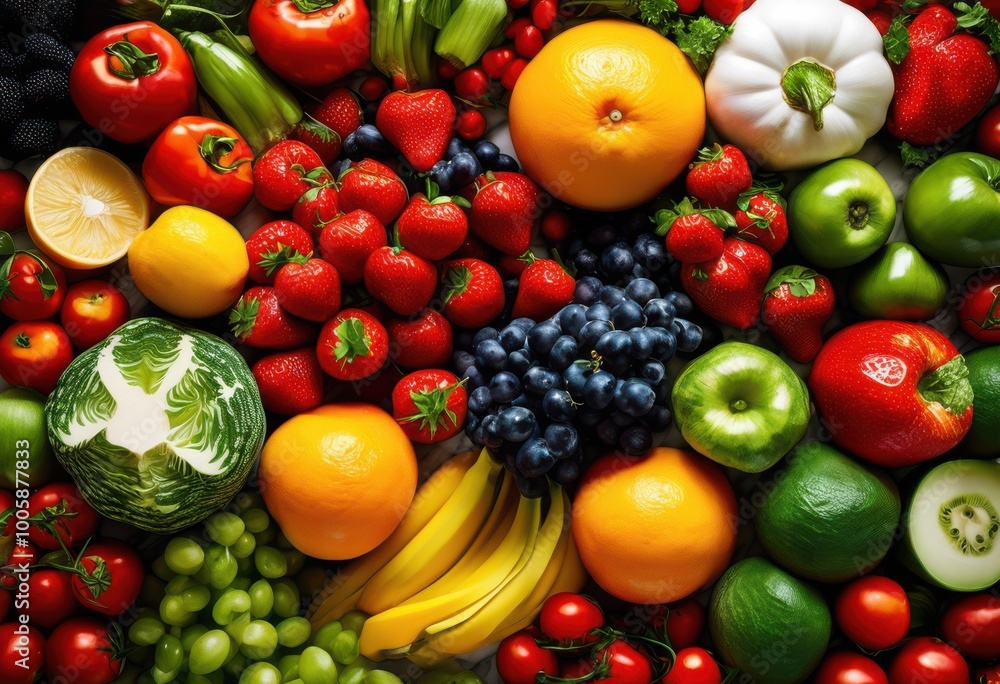 vibrant display fresh fruits vegetables showcasing kaleidoscope colors immaculate surface, produce, colorful, market, organic, healthy, nutrition vibrant display fresh fruits vegetables showcasing kaleidoscope colors immaculate surface, produce, colorful, market, organic, healthy, nutrition